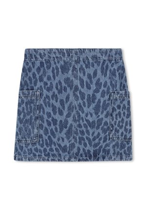 Jupe en denim avec un motif léopard bleu, dotée de deux poches latérales et d'une coupe droite, réalisée en matériau en coton robuste.