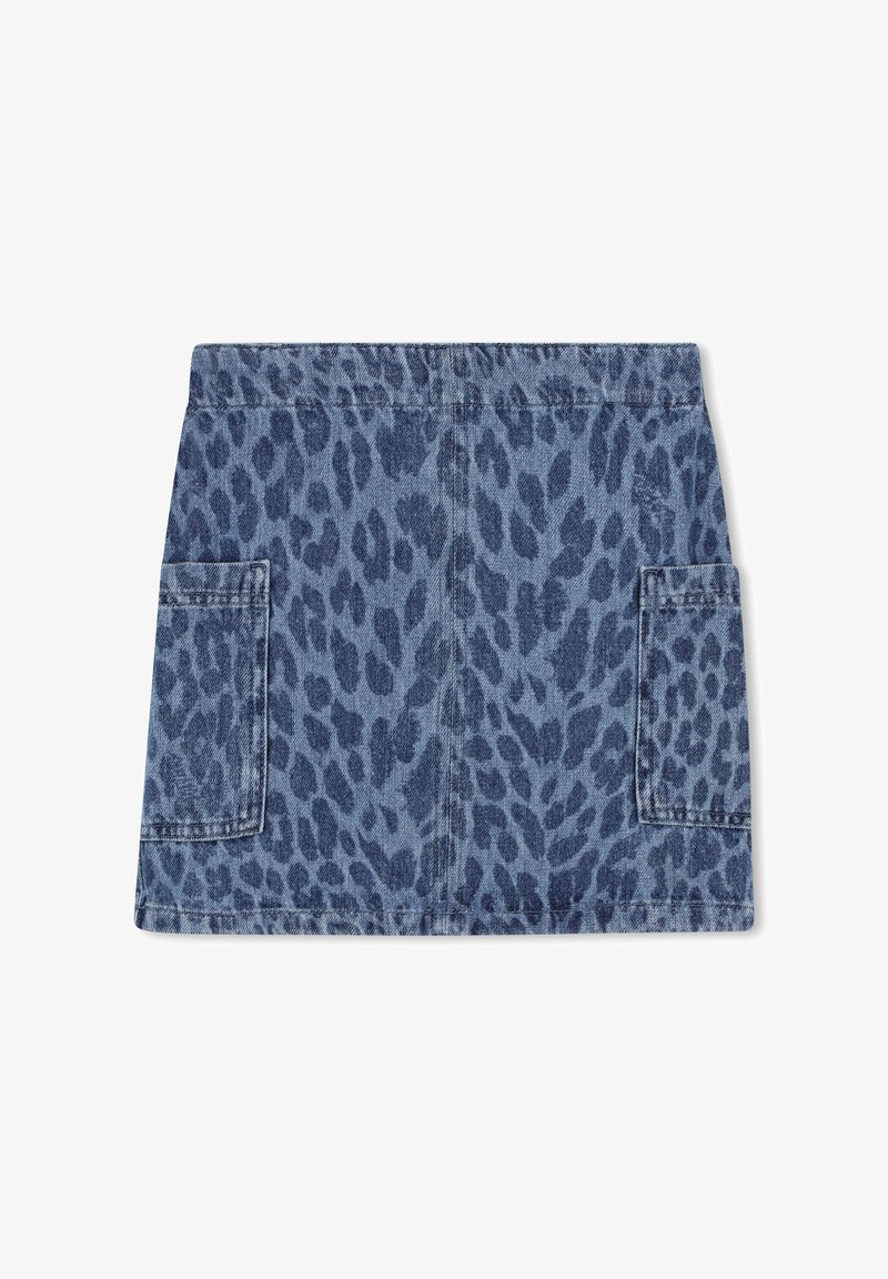 Jupe en denim avec un motif léopard bleu, dotée de deux poches latérales et d'une coupe droite, réalisée en matériau en coton robuste.