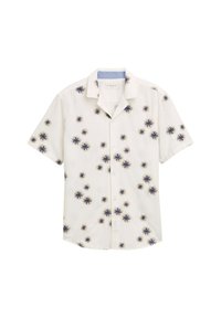 Kurzärmeliges weißes Hemd mit navyblauem Sternenausbruchmuster, mit Knöpfen vorne und hellblauer Innenkragen. Aus leichtem Stoff gefertigt.