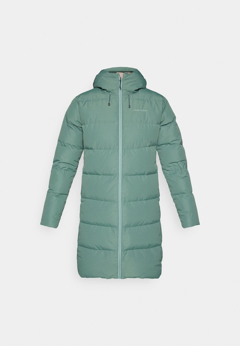 Langer Puffer-Mantel in sanftem Grün, mit Kapuze, Frontreißverschluss und elastischen Kordeln. Verfügt über horizontal gequilteten Stoff zur Isolierung.