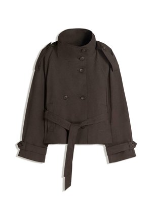 Brown cropped trench coat with a high collar, double-breasted button closure, waist tie, and buttoned cuffs. Smooth fabric with minimal texture.