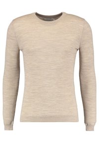 Beiger Pullover mit langen Ärmeln aus weichem Material. Verfügt über einen runden Ausschnitt sowie gerippte Bündchen an Ärmeln und Saum, mit einem dezenten strukturierten Muster.