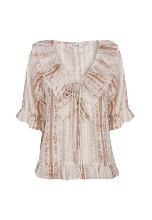 Lichte, crèmekleurige blouse met roestkleurige bloemenpatronen, gerimpelde halslijn, korte mouwen en een strikdetail aan de voorkant.