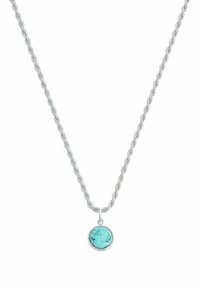 Silverhalsband med en vriden kedje-design som har en cirkulär turkossmycke, som visar marmorliknande mönster och en polerad yta.