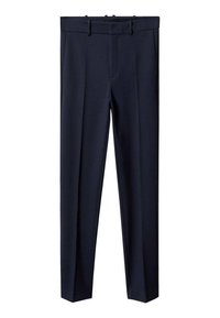 Granatowe spodnie wykonane z gładkiego materiału, o slim fit, z płaskim przodem, szlufkami na pasek oraz dwiema bocznymi kieszeniami. Dopasowany krój z czystymi liniami.