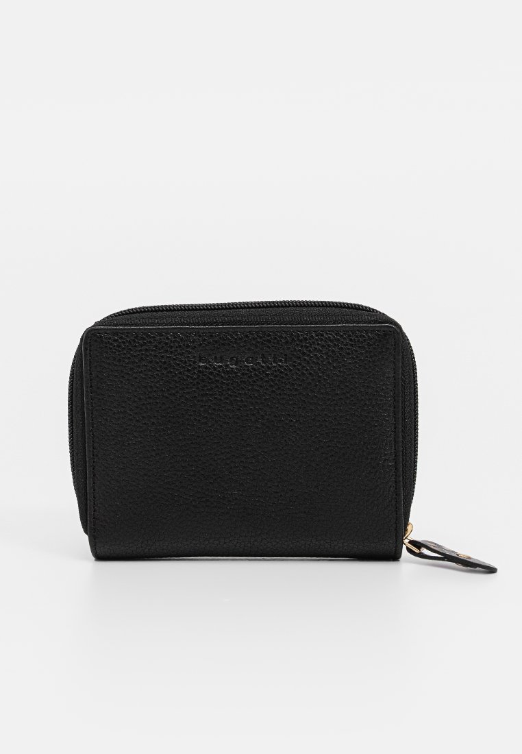 Schwarze, strukturiert Leder Zipper-Wallet mit goldfarbenem Reißverschluss und dezentem, geprägtem Logo auf der Vorderseite.