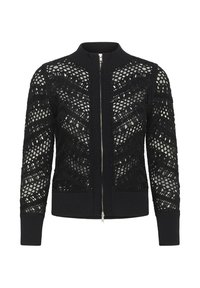 Cárdigan negro de punto con cremallera, con patrones geométricos de punto abierto y cuello, puños y dobladillo acanalados.