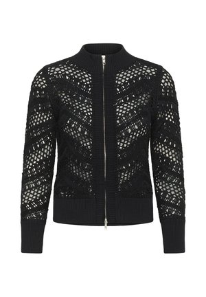 Črni pleteni cardigan z zadrgo, geometrijskimi vzorci odprtega pletenja ter rebrastim ovratnikom, manšetami in robom.