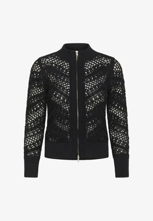 Mustast lõngast kootud lukuga kardigan geomeetrilise avatud kudumismustriga, soonikuga krae, varrukaotsad ja sääred.