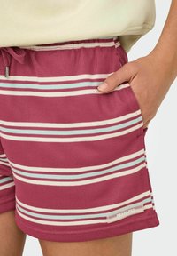 Shorts rayés bordeaux avec des rayures blanches et bleu clair, dotés d'une taille élastique et d'une poche latérale. Étiquette "Fearless" au bas.