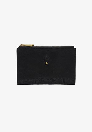 Portefeuille zippé noir texturé avec une petite décoration en forme d'étoile dorée centrée sur le devant, doté d'un curseur de fermeture éclair doré.