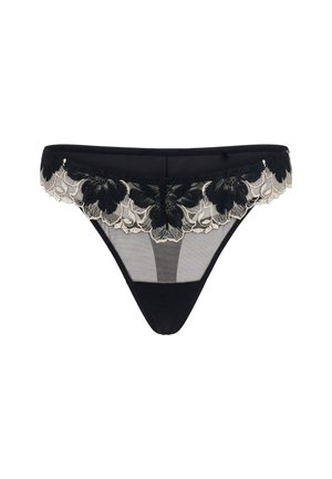 Zwarte string met bloemenkant in een beige tint. Beschikt over doorschijnende stof met een klassieke snit, satijnen afwerking en delicate golvende randen.