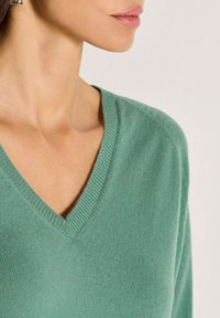Frau, die einen grünen Strickpullover mit V-Ausschnitt trägt, zeigt Hals und einen Teil des Gesichts vor einem neutralen hellen Hintergrund.