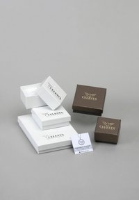 Drie sieradenkistjes: twee witte kistjes en één bruine kist met een gouden logo. Een ketting en een kaart zijn netjes tussen hen geplaatst.