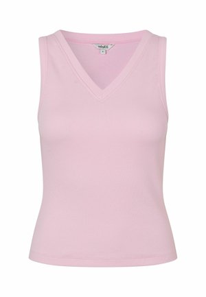 Ärmelloses, geripptes Stricktop in Hellrosa mit V-Ausschnitt und figurbetonter Silhouette, Größe S.