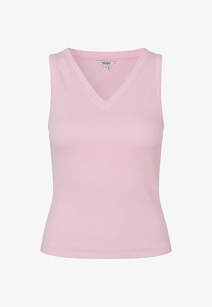 Ärmelloses, geripptes Stricktop in Hellrosa mit V-Ausschnitt und figurbetonter Silhouette, Größe S.