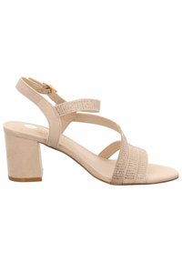 Nude högklackad sandalett med flera korsade remmar prydda med rhinestones; klumpig klack; slät texturmaterial; justerbar ankelsnörning.