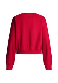 Červená krátka mikina s dlhými rukávmi, rebrovanými manžetami a okrúhlym výstrihom. Vyrobená z mäkkého materiálu s hladkou textúrou.