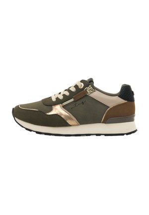 Olivgrüner Sneaker mit goldenen Akzenten, strukturiertem Mesh-Obermaterial, cremefarbenen Schnürsenkeln und strukturiertem braunem Lederabsatz. Gummisohle für besseren Halt.