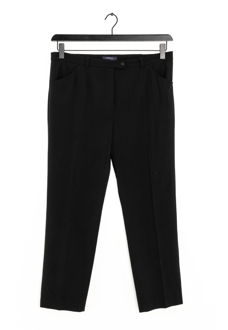 Svarta skräddarsydda byxor med rak benform, upptill med fickor, knappstängning och en slät tygstruktur.