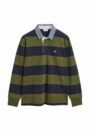 Polo a maniche lunghe con righe blu navy e verde oliva, colletto in denim azzurro chiaro e un piccolo logo sul petto. Tessuto in cotone morbido.