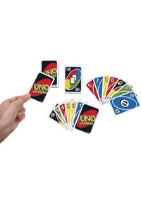 UNO Express card game with predominantly colored cards in yellow, red, blue, and green; features unique symbols and numbers.