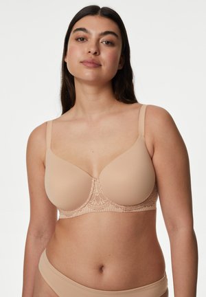 Beige bh med glatte skåle og blonderdetaljer ved båndet. Justerbare stropper og en buet form giver støtte. Blød, mat tekstur.