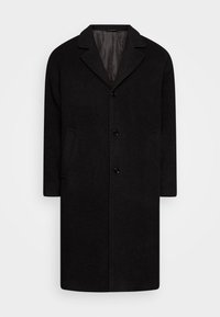 Schwarzer Wollmantel mit Reverskragen, einreihigem Design, drei Knöpfen und seitlichen Taschen; glatte Textur und taillierte Passform.