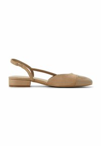 Tan leather slingback flat shoes with a rounded toe, matte back, and glossy toe cap, featuring a low block heel and crisscross straps.