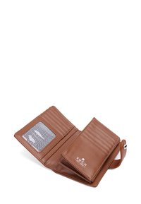 Brown leather wallet open, showing multiple card slots, a transparent ID window, and a small coin pouch with a snap closure.