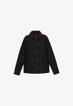 Mustapuku, jossa on ruskea mokkakollar ja hihansuut, joissa on kaksi etutaskua, nepparit ja pehmeä tekstuuri.