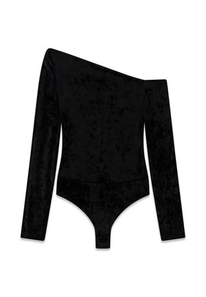 Body in velluto nero con design asimmetrico a una spalla, manica lunga, texture morbida e fondo aderente per una silhouette elegante.