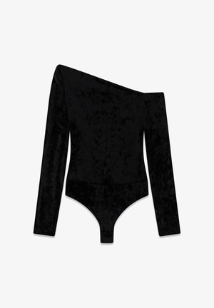 Body in velluto nero con design asimmetrico a una spalla, manica lunga, texture morbida e fondo aderente per una silhouette elegante.