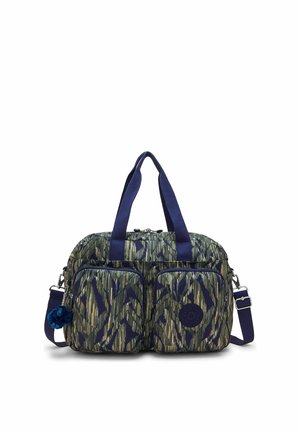 Borsa da viaggio verde e blu navy con due tasche frontali con zip, manici blu navy, tracolla regolabile e un piccolo portachiavi blu.