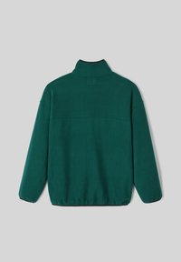 Pulls en polaire vert avec un col haut, épaules tombantes, taille élastique et une partie arrière rectangulaire. Texture douce et couleur unie.