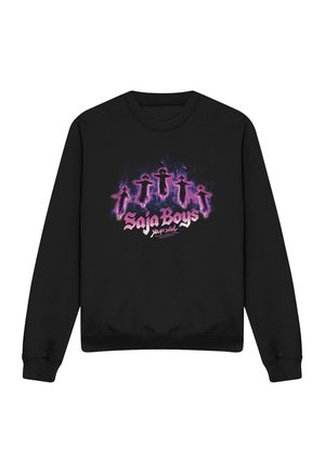 Black long-sleeve sweatshirt with neon purple silhouettes of five people floating and "Saja Boys Yarz Idol" text on front.