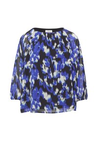 Blouse bleu et noir à motifs avec un col rond, des manches bouffantes longues et des détails froncés au niveau du col. Tissu léger.