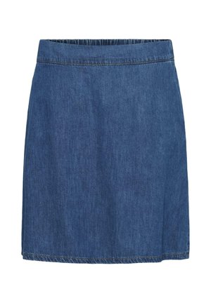 Jupe en denim bleu avec une taille élastique et des coutures apparentes, présentée sur un fond blanc.