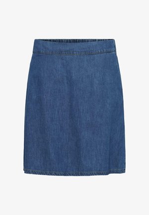 Modrá rifľová sukňa s elastickým pásom a viditeľným prešívaním, zobrazená na bielom pozadí.