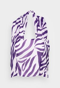 Top halter com riscas roxas e brancas, feito de tecido leve, apresentando um corte descontraído e cordões no pescoço para ajuste.