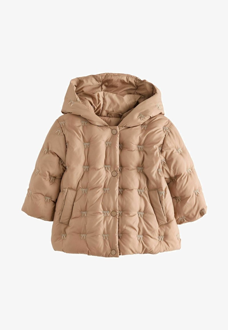 Kovere läski vaippane, jossa on huppu, brodeeratut nauhakoristeet, nepparit ja ulkopocketti. Pehmeä, tikattu rakenne kauttaaltaan.