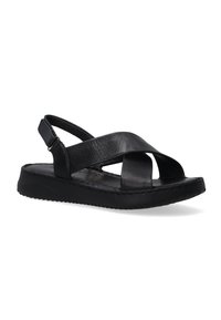 Black leather sandals with a cross-over design, adjustable slingback strap, and cushioned sole. Textured surface and sturdy outsole.