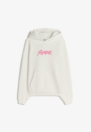 Felpa con cappuccio bianca realizzata in tessuto morbido con tasca frontale. Testo rosa "Saimboys" stampato centralmente sul petto.