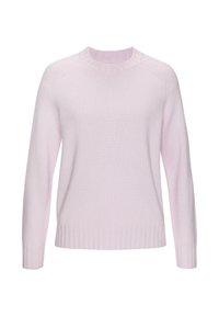 Helles rosa gestricktes Sweatshirt mit rundem Ausschnitt, langen Ärmeln und gerippten Bündchen und Saum. Weiche Textur mit glatter Oberfläche.