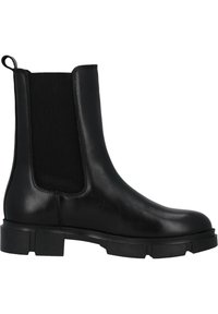 Black leather Chelsea boot featuring elastic side panels, a sturdy rubber sole, and a short pull tab at the back for easy wear.