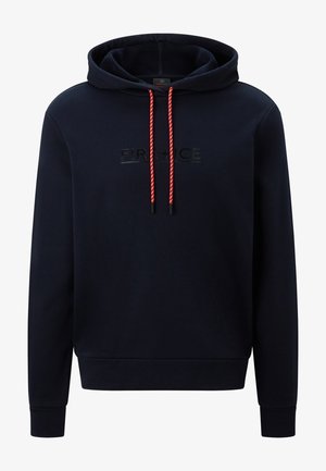 Marineblauer Hoodie mit roten und weißen Kordeln, dezent geprägt mit dem "FIRE + ICE" Logo auf der Brust, langen Ärmeln und gerippten Bündchen.