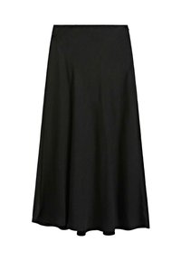 Black maxi skirt made of smooth fabric, featuring an A-line silhouette and a flowing design that falls to the ankles, with a clean hem.