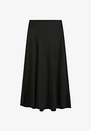 Schwarzer Maxirock aus glattem Stoff, mit einer A-Linien-Silhouette und einem fließenden Design, das bis zu den Knöcheln reicht, mit einem sauberen Saum.