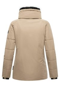 Beige insulated jacket with a high collar, black faux fur lining, and lightweight padding. Features elastic cuffs and a discreet logo.