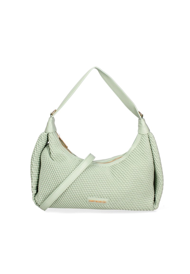 Borsa a tracolla verde menta con un design tessuto a trama, dettagli in pelle liscia, chiusura con zip e tracolla regolabile.